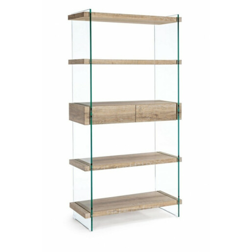 Biblioteca sticla cu 4 polite mdf natur Kenya 90 cm x 39 cm x 180 h