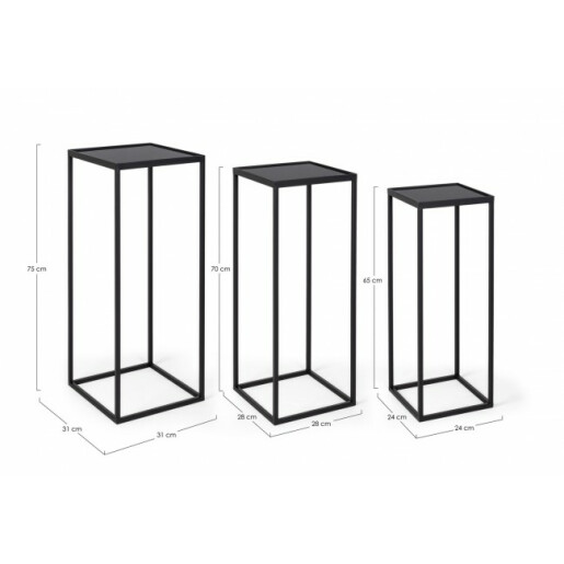 Set 3 masute fier negru Nucleos 24x24x65 cm, 28x28x70 cm, 31x31x75 cm