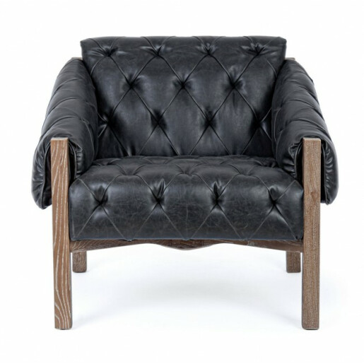 Fotoliu lemn maro piele ecologica neagra Harrison 83.5x81.5x76 cm