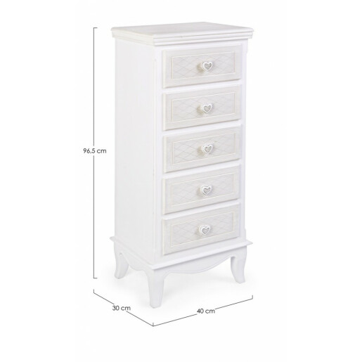 Comoda 5 sertare din lemn alb patinat Charlene 40 cm x 30 cm x 96.5 h