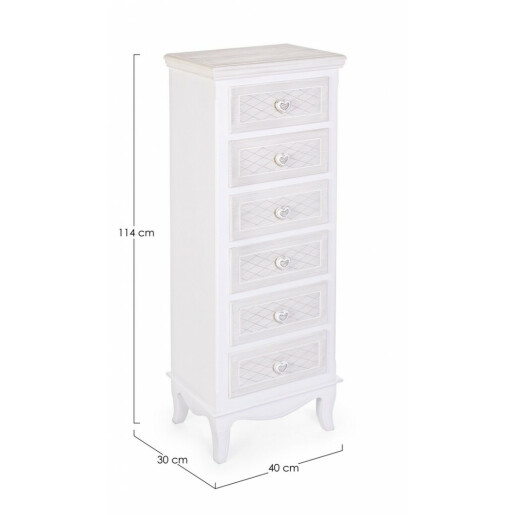 Comoda 6 sertare din lemn alb patinat Charlene 40 cm x 30 cm x 114 h