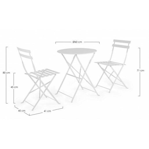 Set mobilier gradina masa 2 scaune fier alb Wissant 41x45x80 cm, 60x71 cm