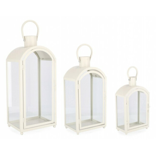 Set 3 felinare metal alb Jillian 18x10x32 cm; 20.5x14.5x43 cm; 24.5x18.5x56 cm