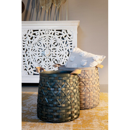 Set 3 cosuri depozitare lemn verde maro Lisette Ø31x36h; ø41x39h; ø48x41h