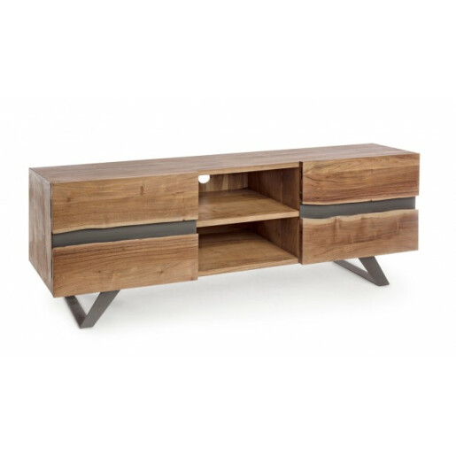Comoda TV cu 2 polite 2 usi din lemn maro si picioare fier Aron 160 cm x 44 cm x 65 h