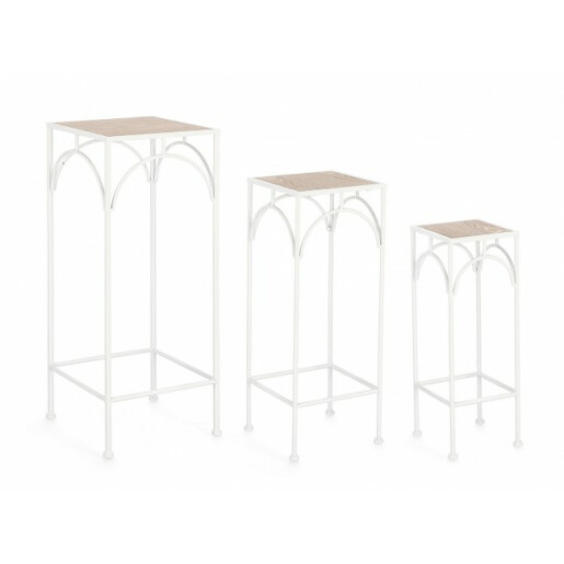 Set 3 suporturi flori otel alb mdf natur Guenda 28x28x70 cm, 23x23x60 cm, 18x18x50 cm