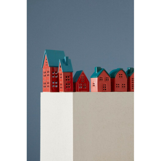 Set 3 Casute decorative portelan rosu albastru cu led 6,2x5,2x9,2h