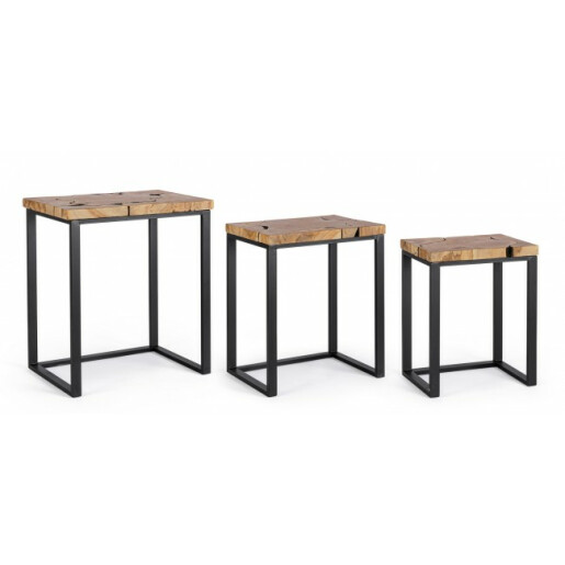 Set 3 masute lemn natur otel negru Elwood 37x29x47 cm, 43x33x53cm, 53x37x60 cm