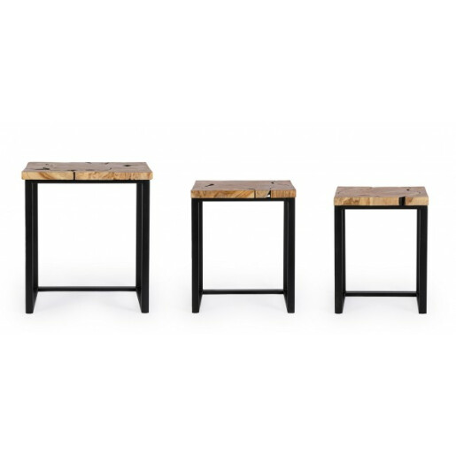 Set 3 masute lemn natur otel negru Elwood 37x29x47 cm, 43x33x53cm, 53x37x60 cm