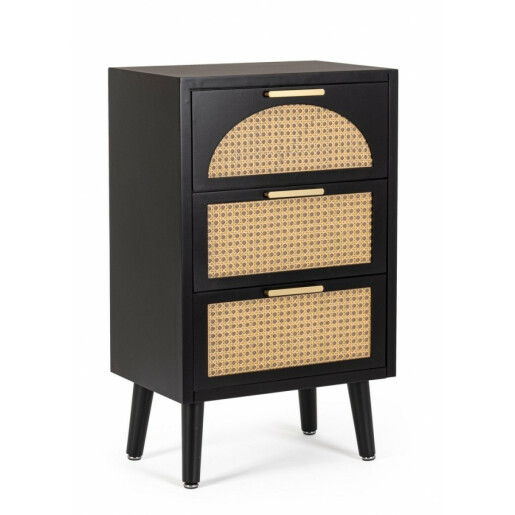 Comoda 3 sertare mdf negru ratan natur Josine 45x30x73 cm