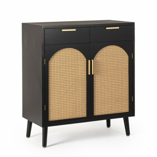 Comoda 2 usi 2 sertare mdf negru ratan natur Josine 80x40x92 cm