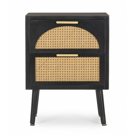 Comoda 2 sertare mdf negru ratan natur Josine 45x30x60 cm