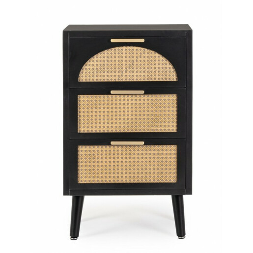 Comoda 3 sertare mdf negru ratan natur Josine 45x30x73 cm