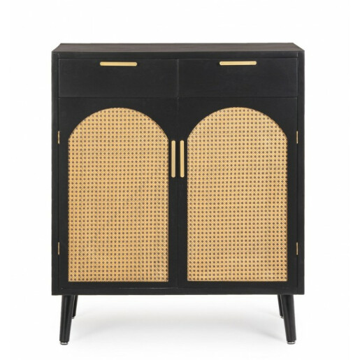 Comoda 2 usi 2 sertare mdf negru ratan natur Josine 80x40x92 cm