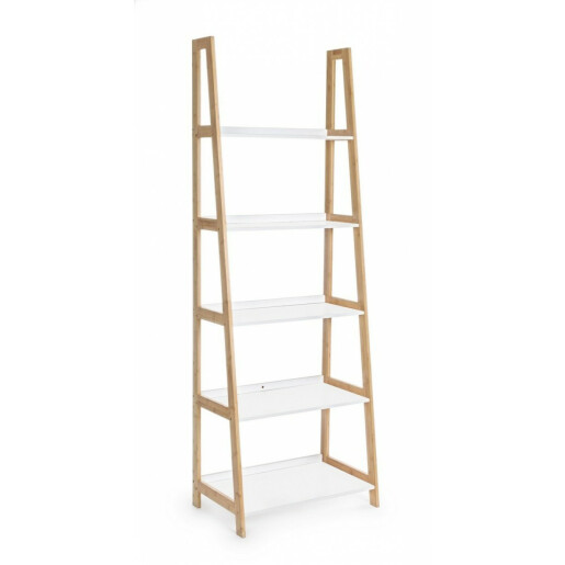 Raft cu 5 polite de pardoseala din lemn alb natur Brooklin 63 cm x 40 cm x 180 h
