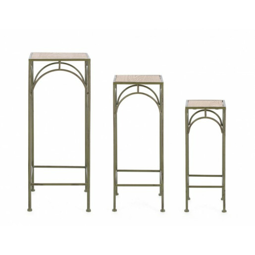 Set 3 suporturi flori otel verde mdf natur Guenda 28x28x70 cm, 23x23x60 cm, 18x18x50 cm