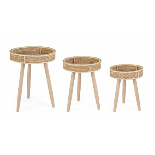 Set 3 masute lemn ratan natur Clevon 31x40 cm, 36x47 cm, 40x55 cm