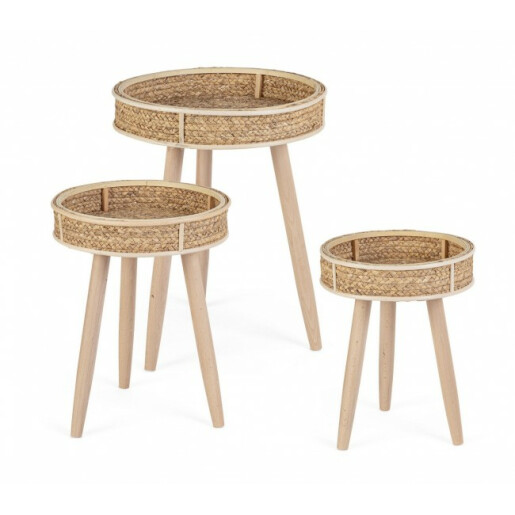 Set 3 masute lemn ratan natur Clevon 31x40 cm, 36x47 cm, 40x55 cm