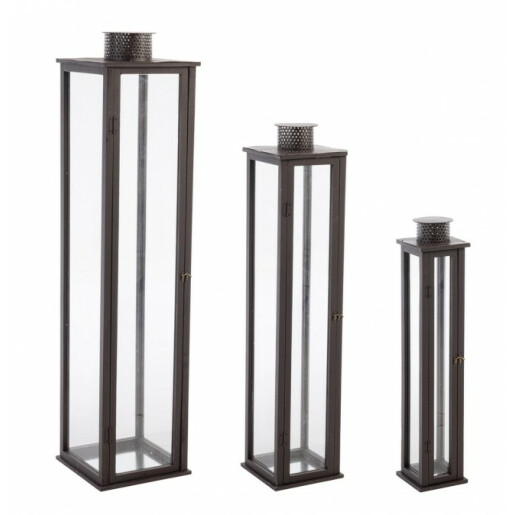 Set 3 felinare lemn metal sticla maro Torsti 15.5x15.5x78 cm, 22x22x103 cm, 30x30x129 cm
