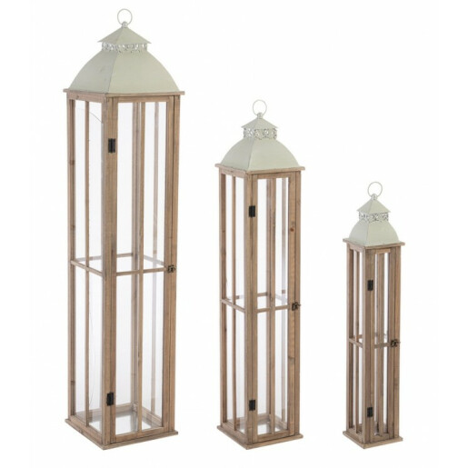 Set 3 felinare lemn natur metal sticla Valto 15.5x15.5x87 cm, 22x22x114 cm, 30x30x144 cm