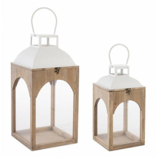 Set 2 felinare lemn maro metal alb 20x20x45 cm, 26x26x58.5 cm