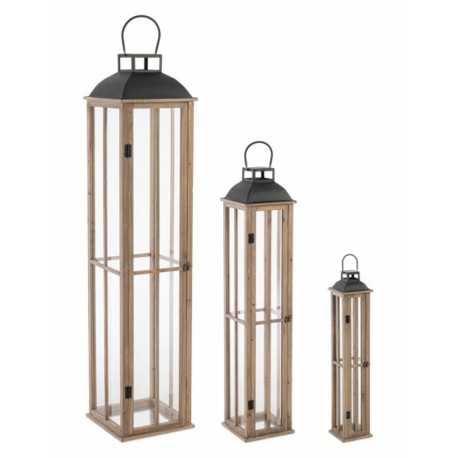 Set 3 felinare lemn metal sticla Shayra 15.5x15.5x77 cm, 22x22x104 cm, 30x30x134 cm