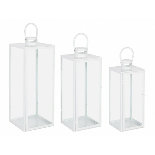 Set 3 felinare metal alb Lior 17x16x40.5 cm, 22x21x53.5 cm, 26x25x65 cm