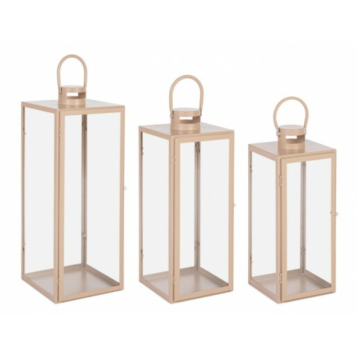Set 3 felinare metal bej Lior 17x16x40.5 cm, 22x21x53.5 cm, 26x25x65 cm