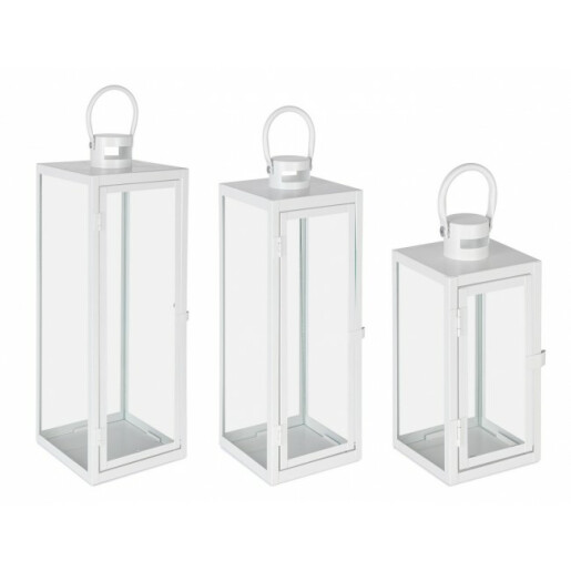 Set 3 felinare metal alb Azenor 10x10x22.5 cm, 14x14x39.5 cm, 18x18x50.5 cm