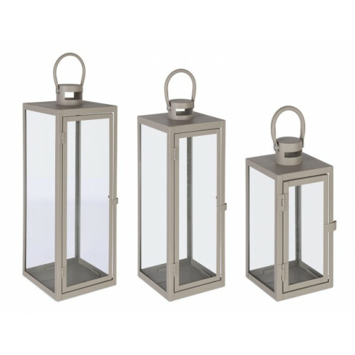 Set 3 felinare metal gri Azenor 10x10x22.5 cm; 14x14x39.5 cm; 18x18x50.5 cm