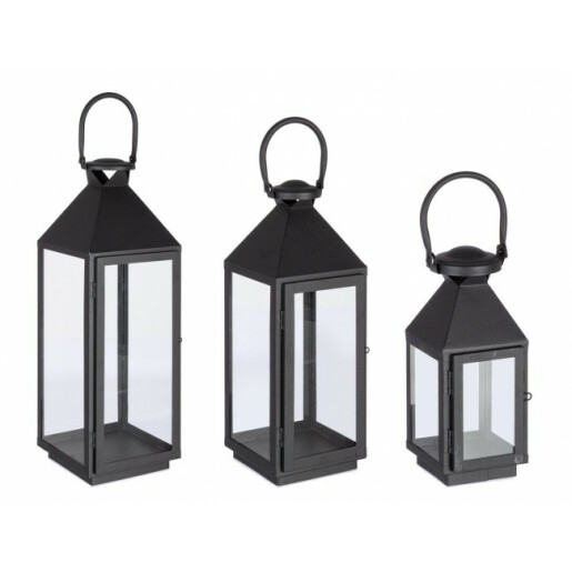 Set 3 felinare metal negru Lucinda 11x10x25 cm, 15.5x15x40 cm;, 19.5x19x55 cm