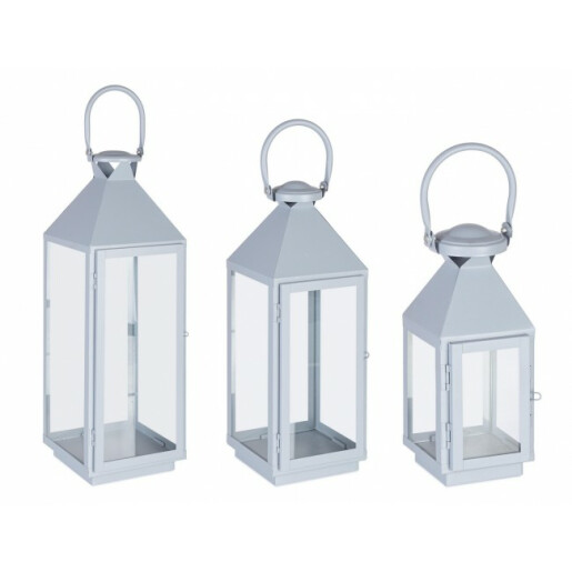 Set 3 felinare metal albastru Lucinda 11x10x25 cm, 15.5x15x40 cm;, 19.5x19x55 cm
