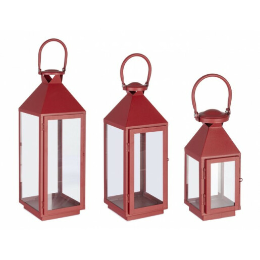 Set 3 felinare metal rosu Lucinda 11x10x25 cm, 15.5x15x40 cm, 19.5x19x55 cm