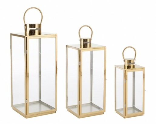 Set 3 felinare otel auriu Alban 17x16x40.5 cm, 22x21x53.5 cm, 26x25x65 cm
