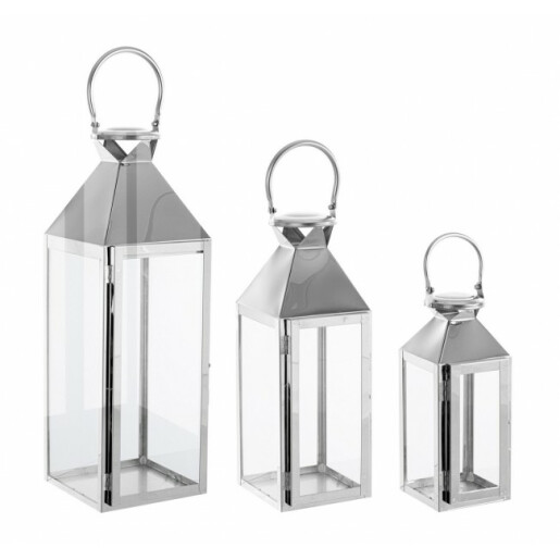 Set 3 felinare otel argintiu Flurry 10x10x27 cm, 14x14x40 cm, 18x18x53 cm