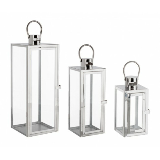 Set 3 felinare otel argintiu Isolde 10x10x22.5 cm, 14x14x39.5 cm, 18x18x50.5 cm