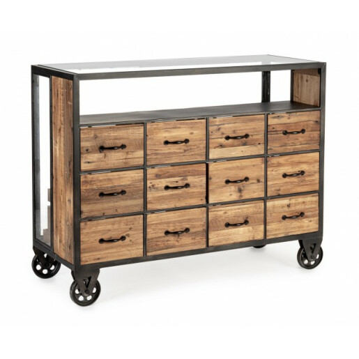 Comoda 12 sertare lemn otel Ruote 122x49.5x95.5 cm