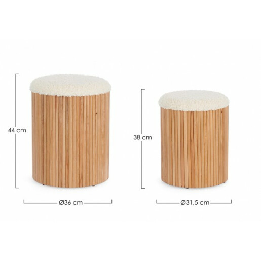 Set 2 tabureti lemn natur textil alb Neda 31.5x38 cm, 36x44 cm