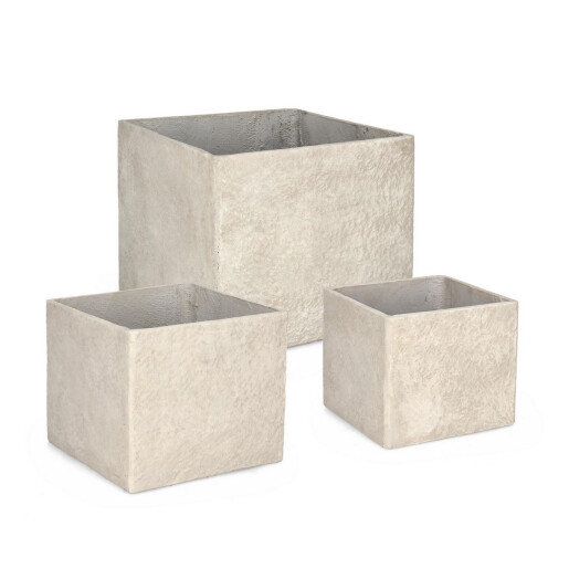 Set 3 ghivece flori fibra sticla bej Meili 37x37x31h; 45x45x38h; 55x55x46h