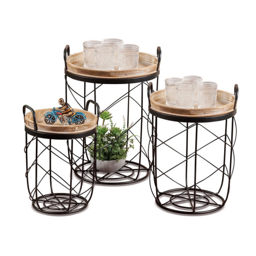 Set 3 masute lemn maro metal negru  28,5 x 40,5,35,5 x 47, 41 x 53 cm