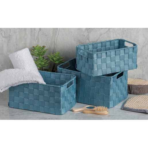 Set 3 cosuri depozitare tesatura albastra 26 x 16 x 9 cm, 28 x 18 x 11,5 cm, 30 x 20 x 13,5 cm