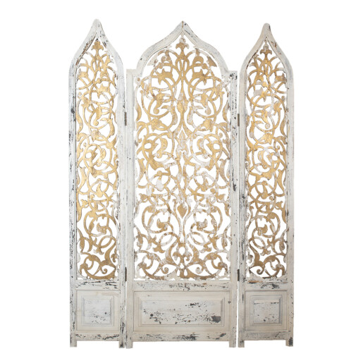 Paravan decorativ lemn alb auriu vintage 124x3x186 cm