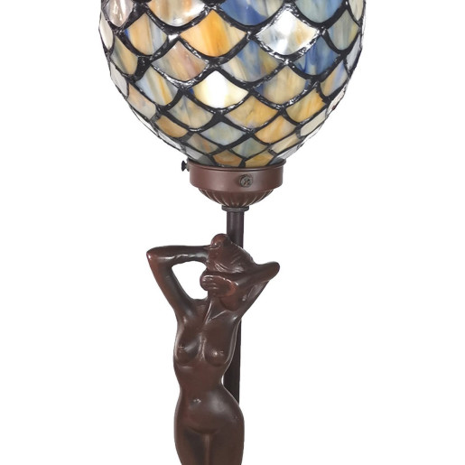 Veioza cu baza din polirasina maro si abajur din sticla Tiffany 21 cm x 21 cm x 51h
