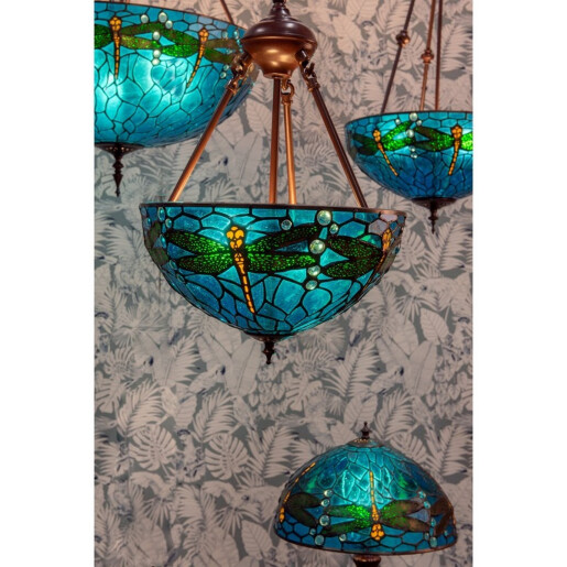 Veioza cu baza din polirasina maro si abajur din sticla albastra Tiffany 41x57 cm