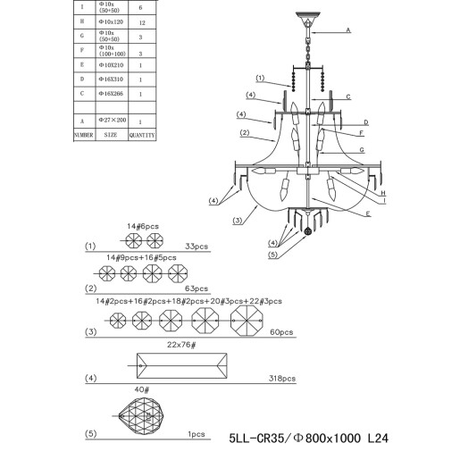Candelabru fier auriu sticla 80x105/220 cm E14