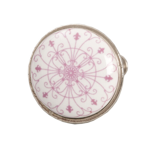 Set 2 butoni mobilier ceramica alba roz fier argintiu Ø 3x2 cm