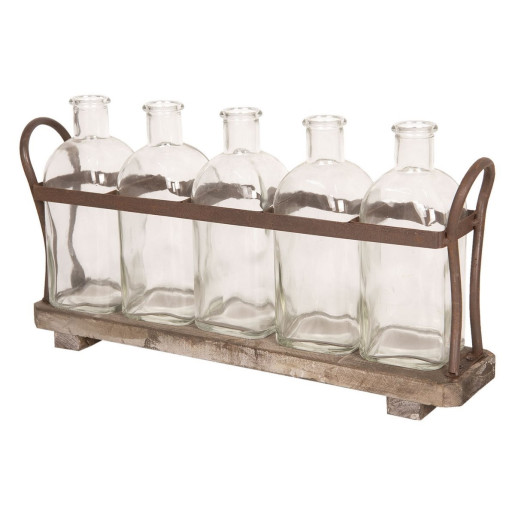 Set 5 vaze din sticla cu suport lemn fier maro 42 cm x 9 cm x 22 h