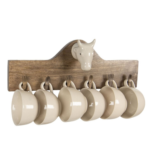 Set 6 cesti din ceramica crem cu suport de perete din lemn maro 48 cm x 9 cm x 17 h