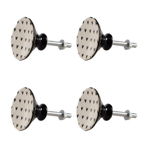 Set 4 butoni mobilier ceramica neagra bej Inimioare 4x3/6 cm