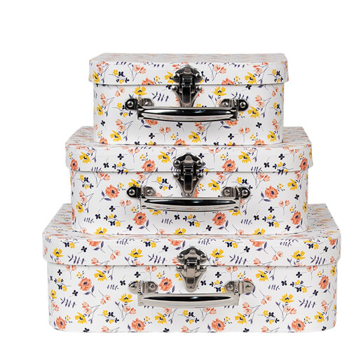 Set 3 cutii depozitare carton multicolor tip valiza 30x22x9 cm, 25x20x9 cm, 20x17x8 cm
